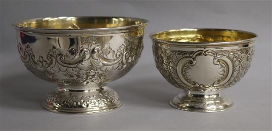 A late Victorian repousse silver rose bowl, Sheffield, 1895 and a similar smaller silver bowl, 9.9 oz.